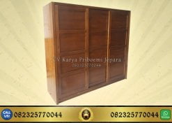 Lemari Pakaian 3 Pintu Sliding Minimalis Kayu Jati